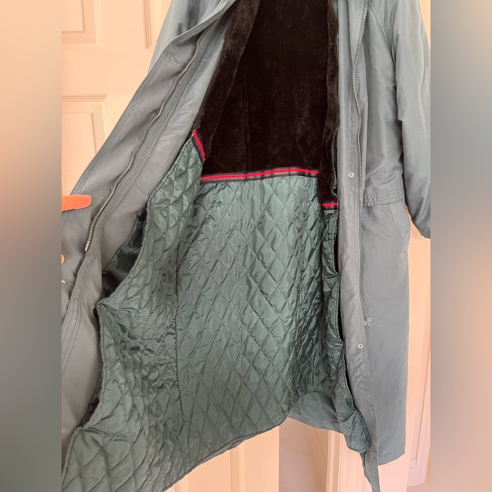 Teal green Long Hooded Coat with detachable Fur Trim - Picture 5 of 11